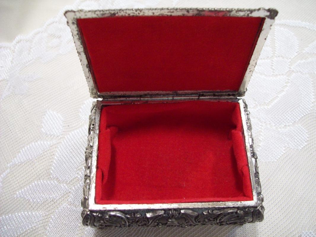 Silvertone Baroque Footed & Red Velvet lined Trinket Box