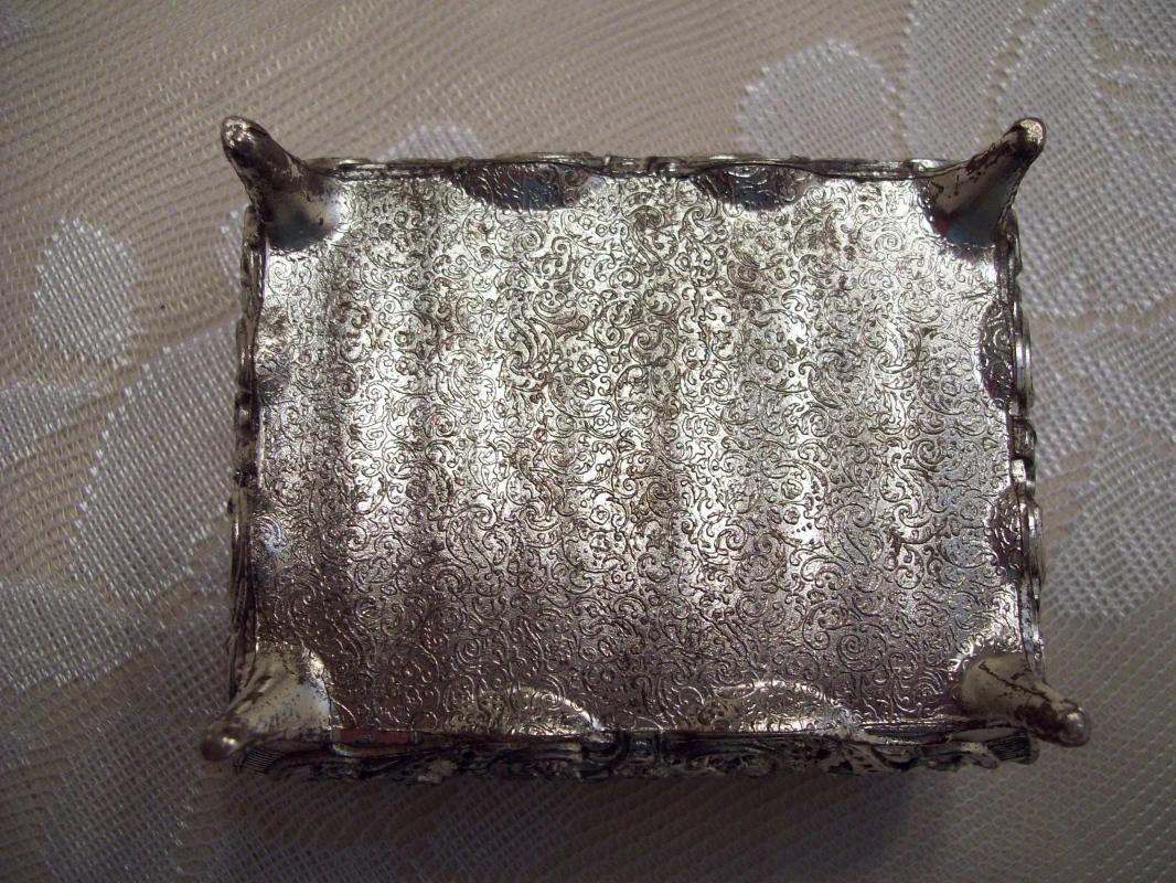 Silvertone Baroque Footed & Red Velvet lined Trinket Box