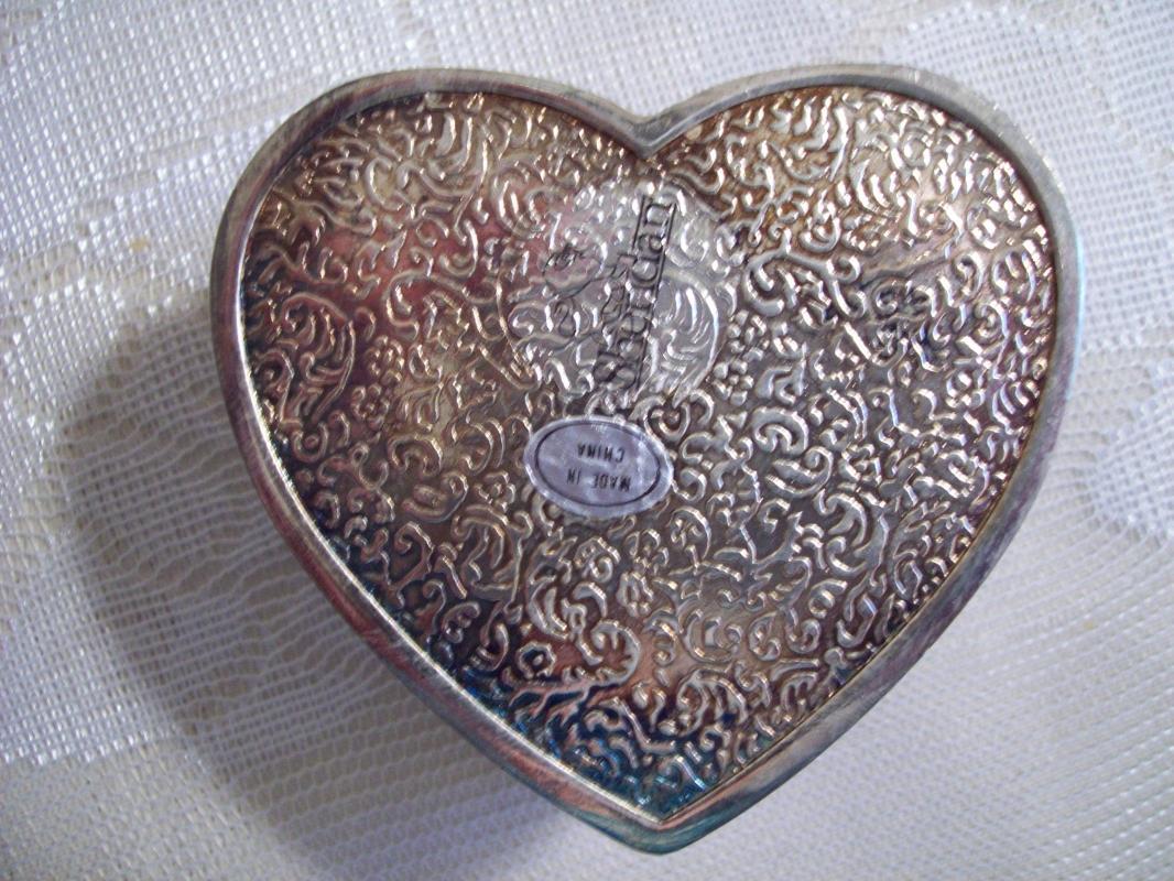 Etched Heart Shaped & Red Satin lined Trinket Box