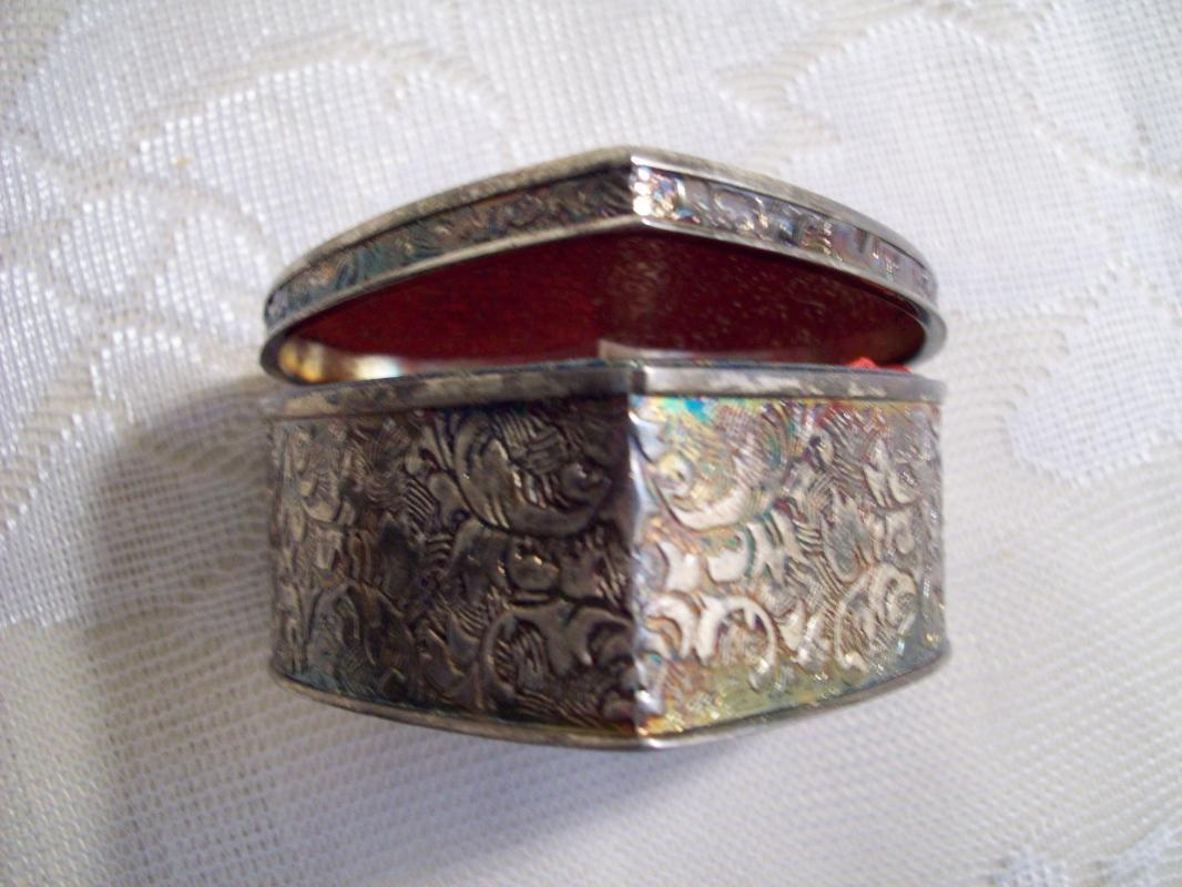 Etched Heart Shaped & Red Satin lined Trinket Box