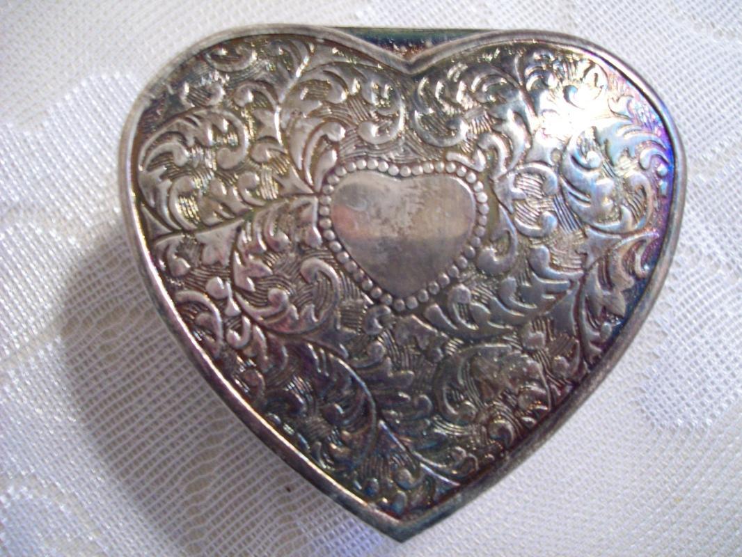 Etched Heart Shaped & Red Satin lined Trinket Box