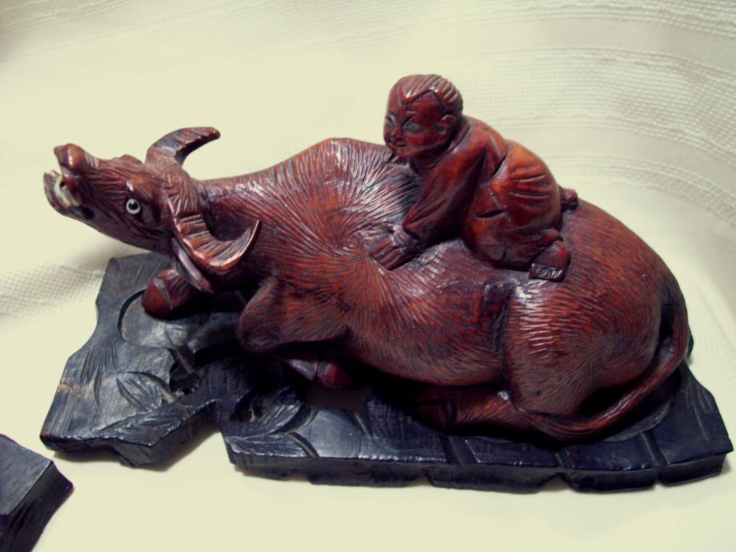 Pair Oriental Carved Oxen with Child on Base