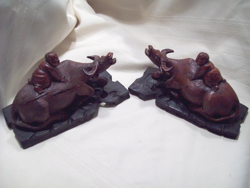 Pair Oriental Carved Oxen with Child on Base