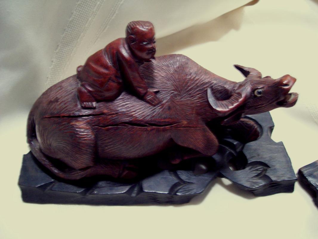 Pair Oriental Carved Oxen with Child on Base