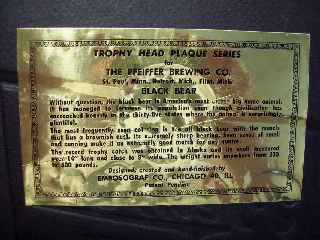 Pfeiffer's Famous Beer Black Bear Wall Plaque