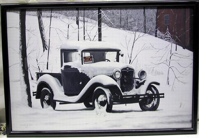 Joseph Michetti Oil on Canvas, Car in Snow