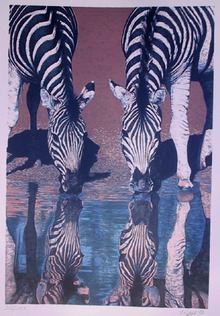 Fran Bull, Zebras Drinking Water, Serigraph