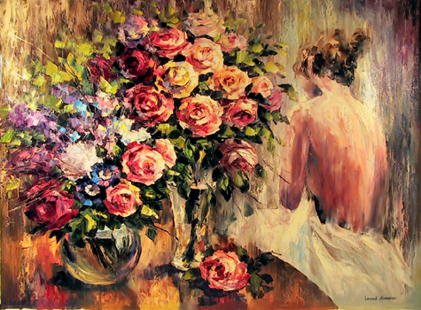 Leonid Afremov Oil Painting, Flowers, Girl