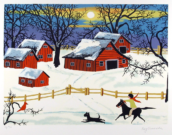Kay Ameche Serigraph, Barn, Folk Art