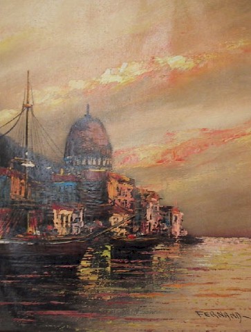 Fernand Oil on Canvas Painting, Spanish Port