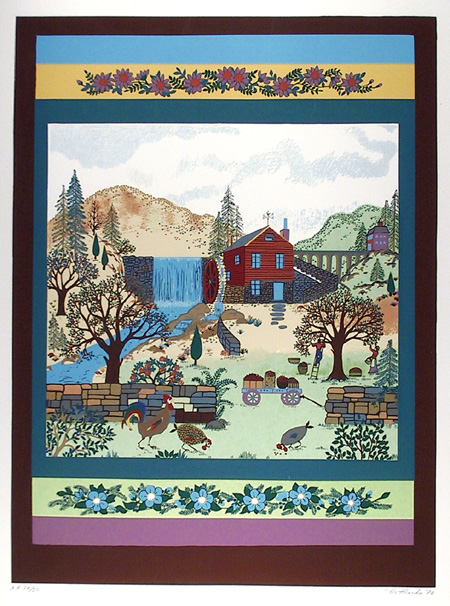 Jack Hofflander Serigraph, Barnyard, Folk Art