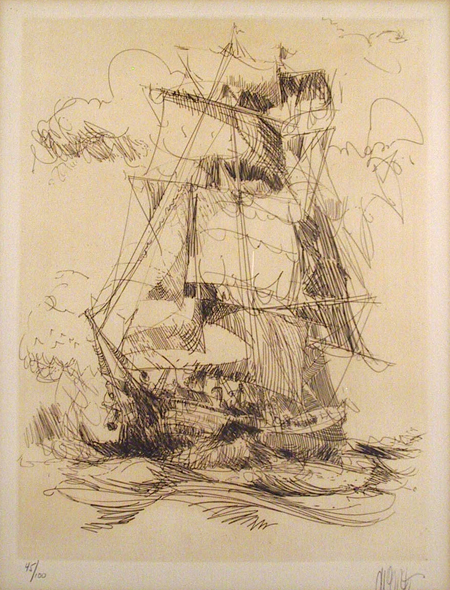 Wayland Moore S/N Etching, Ship, Framed