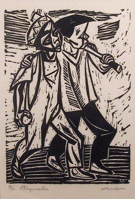 Irving Amen Black & White Woodcut, Playmates