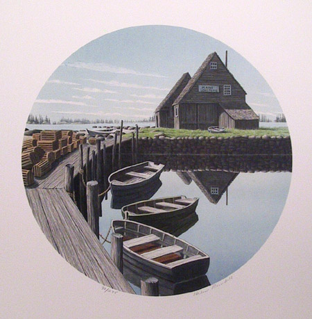 Helen Rundell Signed Lithograph, Boats, Dock