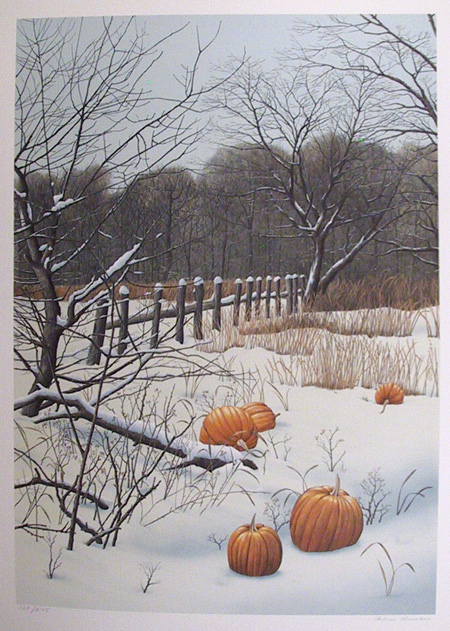 Helen Rundell S/N Lithograph, Pumpkins in Snow
