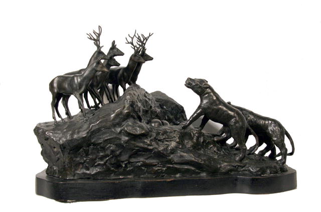 A. Ganso Bronze Sculpture, Lions and Deer