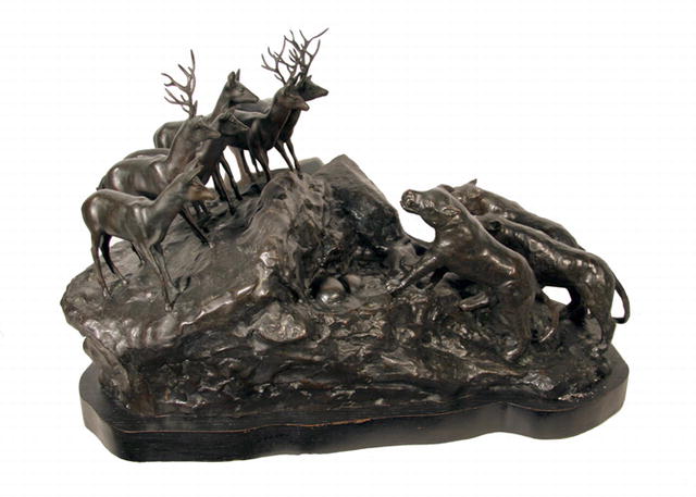 A. Ganso Bronze Sculpture, Lions and Deer