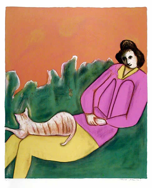 Harold Baumbach, Woman with Cat, Lithograph
