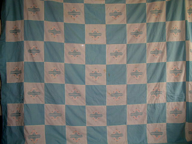 White & Blue Embroidered Quilt Top, 1940's - QTP