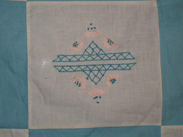 White & Blue Embroidered Quilt Top, 1940's - QTP