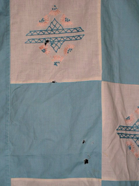 White & Blue Embroidered Quilt Top, 1940's - QTP