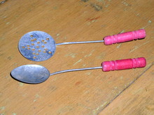 Childs Red Handled Spoon and Strainer