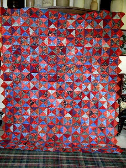 Blue & Red Triangles Scrap Quilt, Double Sided - QLT