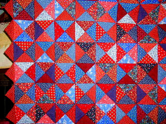 Blue & Red Triangles Scrap Quilt, Double Sided - QLT