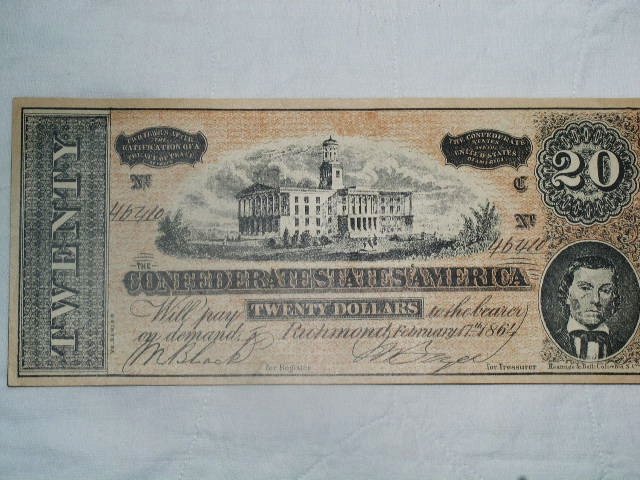 Confederate Currency $20.00 Banknote, Counterfit,