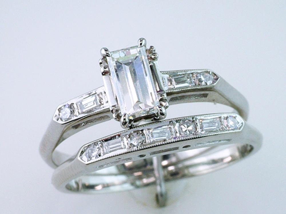 Deco Vintage Antique GIA 1.17ct Diamond 14K Gold Engagement Ring Bridal Set