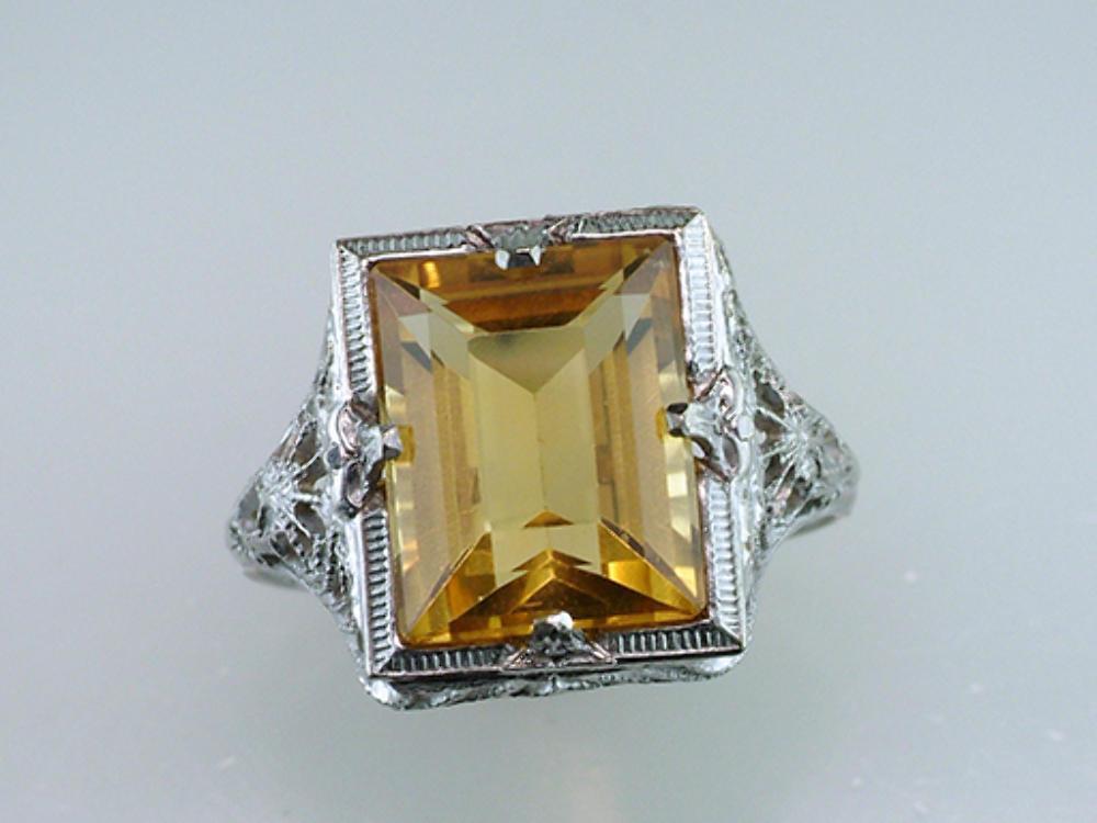 Vintage Antique Giant 4.00ct Yellow Yopaz White Gold Art Deco Cocktail Ring