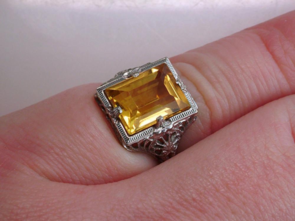 Vintage Antique Giant 4.00ct Yellow Yopaz White Gold Art Deco Cocktail Ring