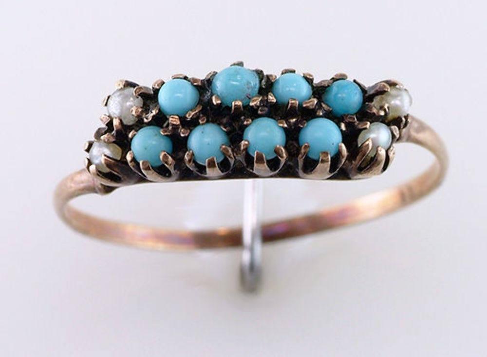 Vintage Antique Turquoise & Pearl 14K Gold Victorian Cocktail Ring