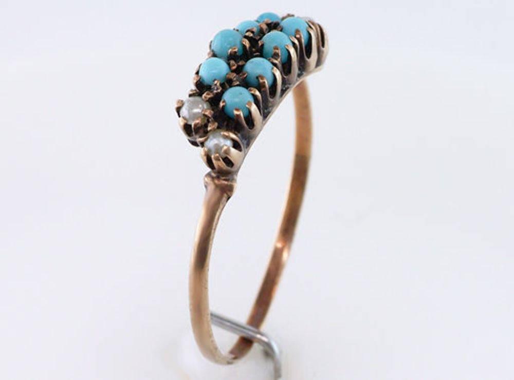 Vintage Antique Turquoise & Pearl 14K Gold Victorian Cocktail Ring