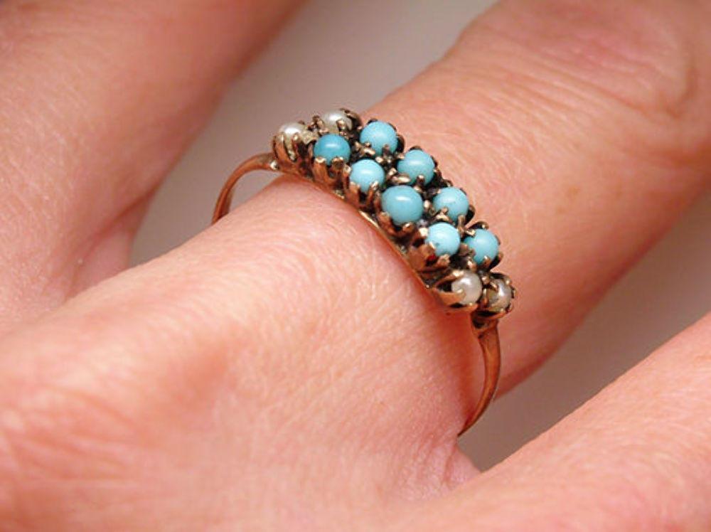 Vintage Antique Turquoise & Pearl 14K Gold Victorian Cocktail Ring