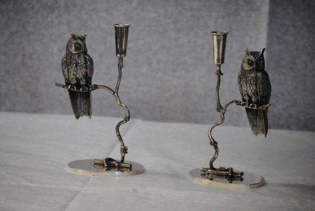 Pair owl shaped candlesticks Italian 1950