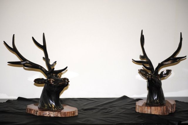 Pair bronze deer sculptures Italian 1940