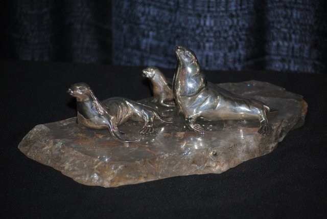 Seals family sculpture sterling silver, Italian 1940