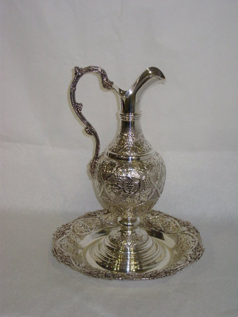 Grape style repoussè wine ewer with charger dish Italian 1950