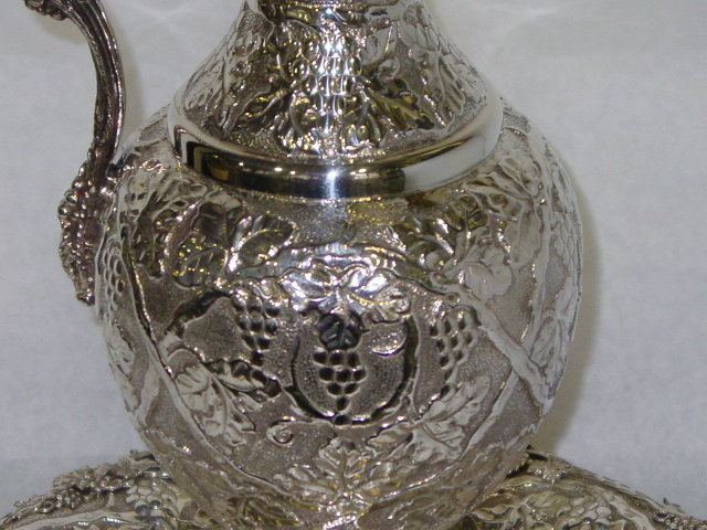 Grape style repoussè wine ewer with charger dish Italian 1950