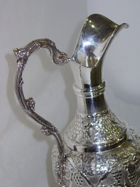 Grape style repoussè wine ewer with charger dish Italian 1950