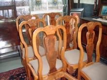 6 Burled Walnut and Chestnut Carved Chairs