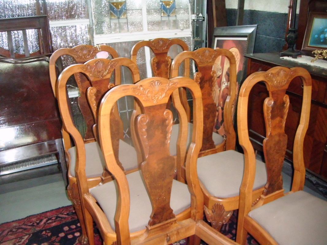 6 Burled Walnut and Chestnut Carved Chairs