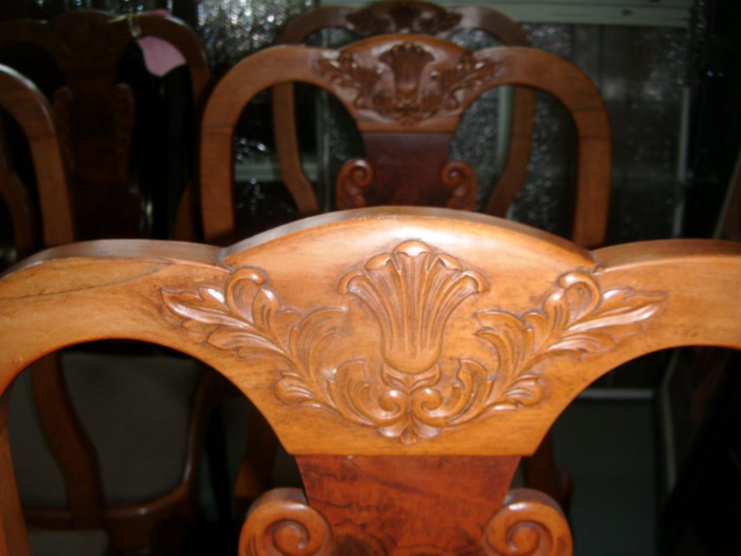 6 Burled Walnut and Chestnut Carved Chairs