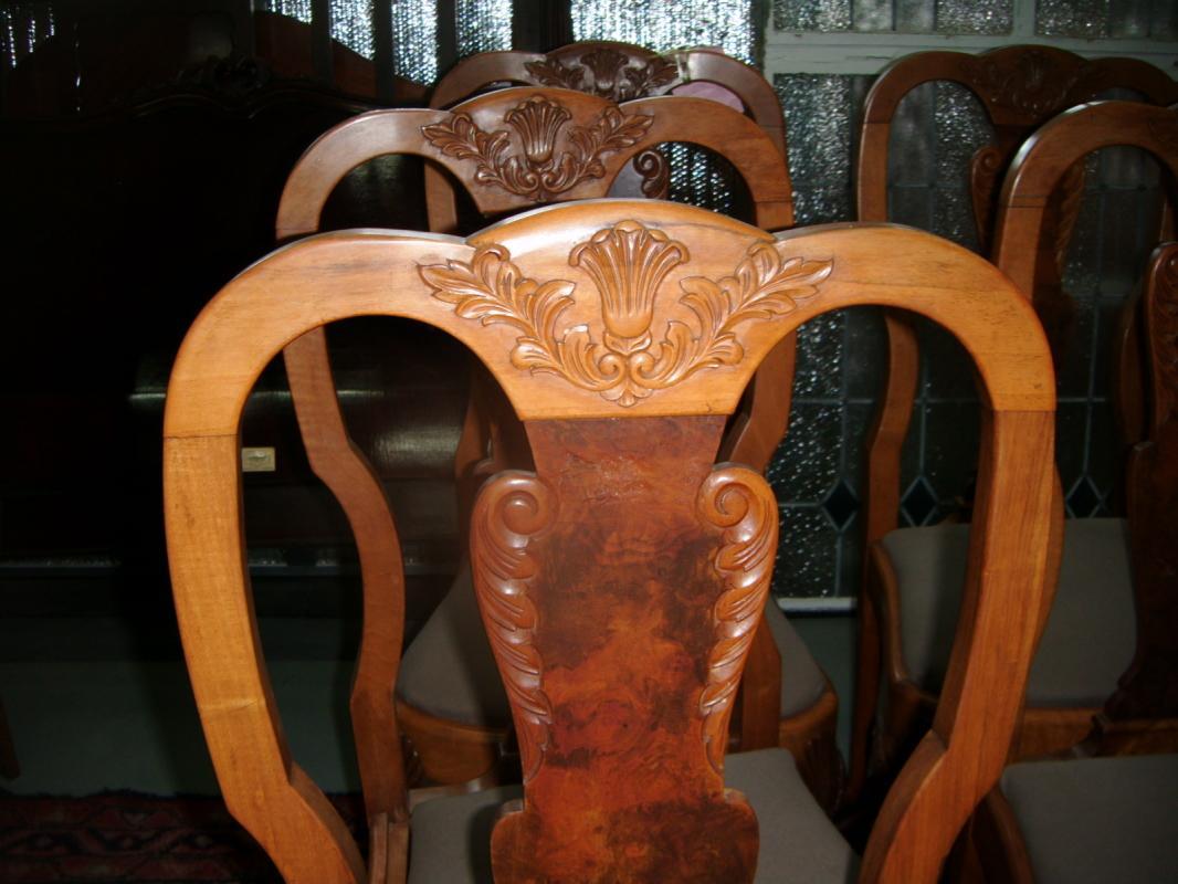 6 Burled Walnut and Chestnut Carved Chairs