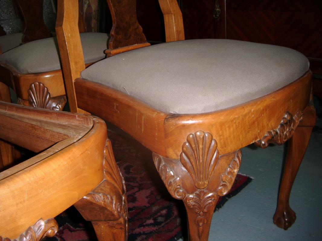 6 Burled Walnut and Chestnut Carved Chairs