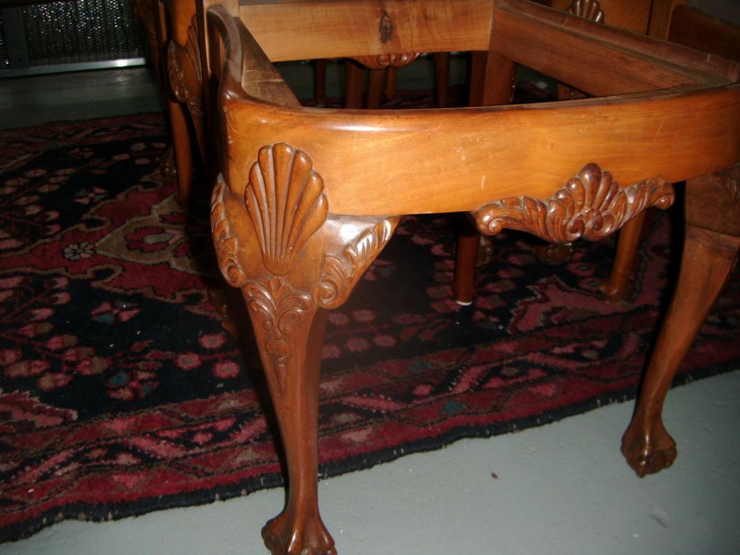 6 Burled Walnut and Chestnut Carved Chairs