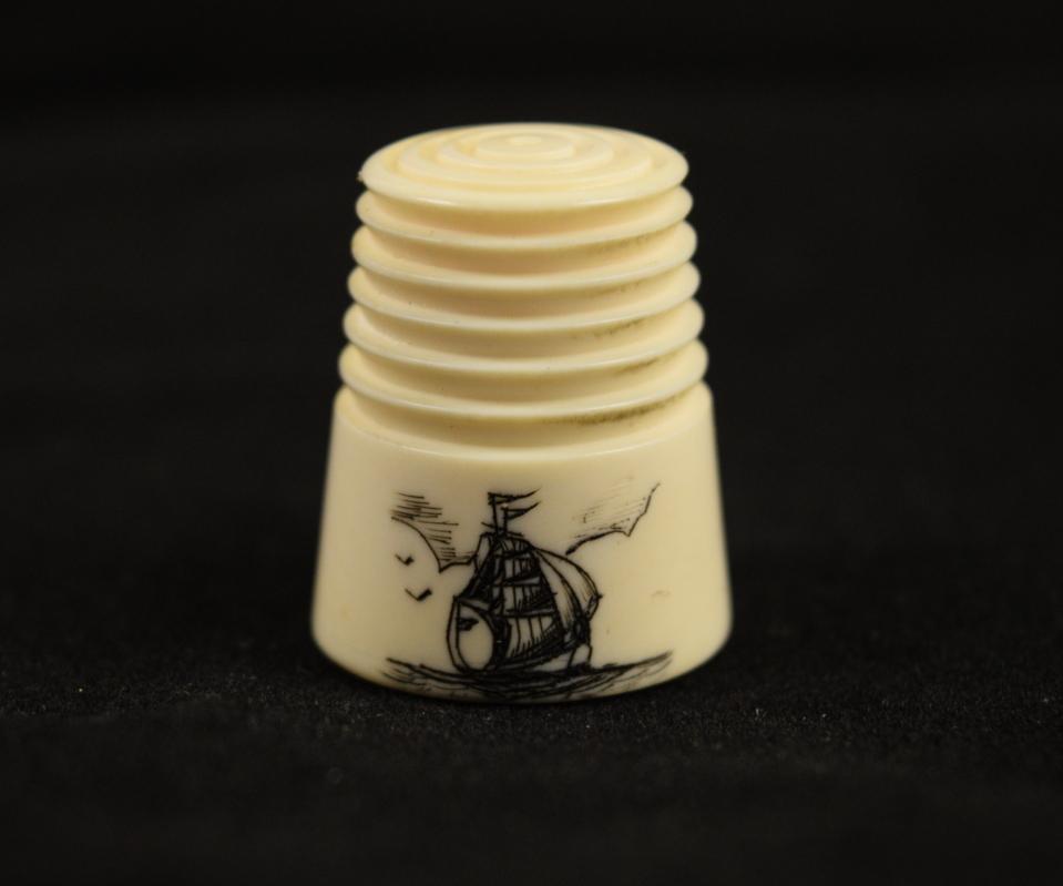 Antique Pre-Ban Ivory Sewing Collectible - Scrimshaw Sailboat Thimble