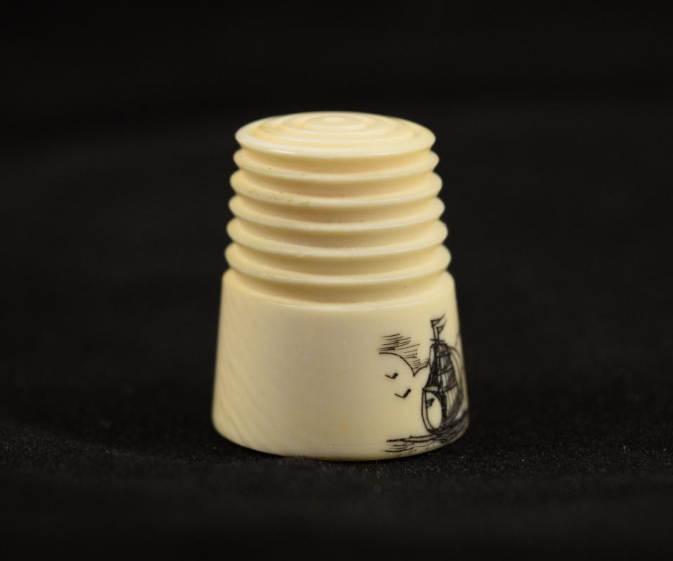 Antique Pre-Ban Ivory Sewing Collectible - Scrimshaw Sailboat Thimble