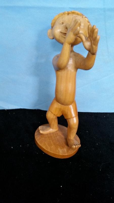 Anri Boy Both Hands on Nose Hand Carved wood 9.5
